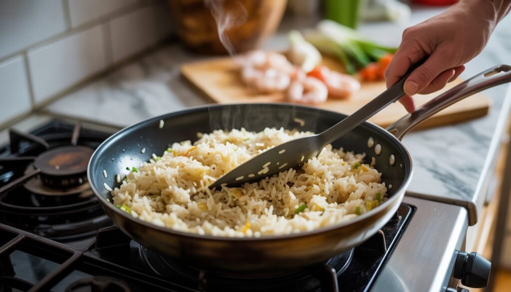 Adding rice to wok