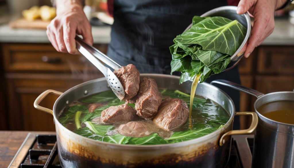 Adding greens and meat to pot