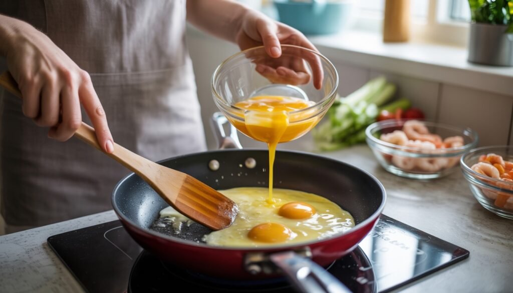Scrambling eggs in pan