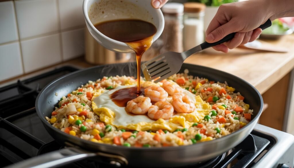 Sauce being added to shrimp fried rice in pan