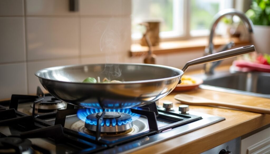 Wok heating on stove