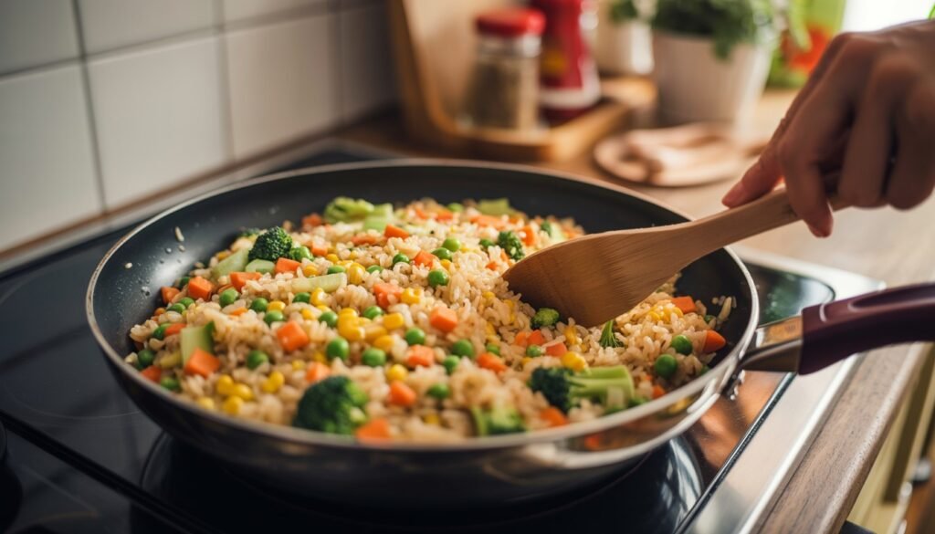 Final stir-fry of rice and vegetables