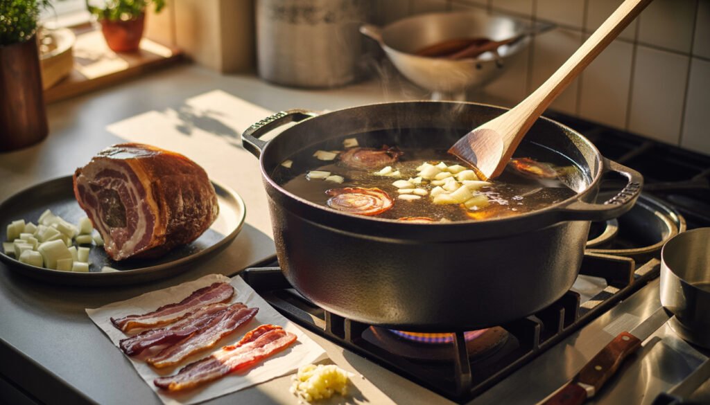 Cooking broth with meat and onions