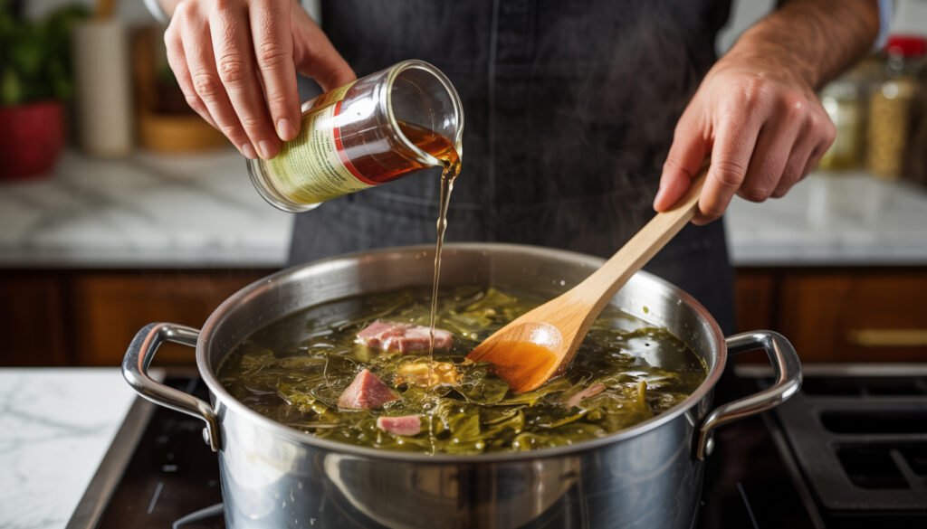 Adding liquid seasoning to pot