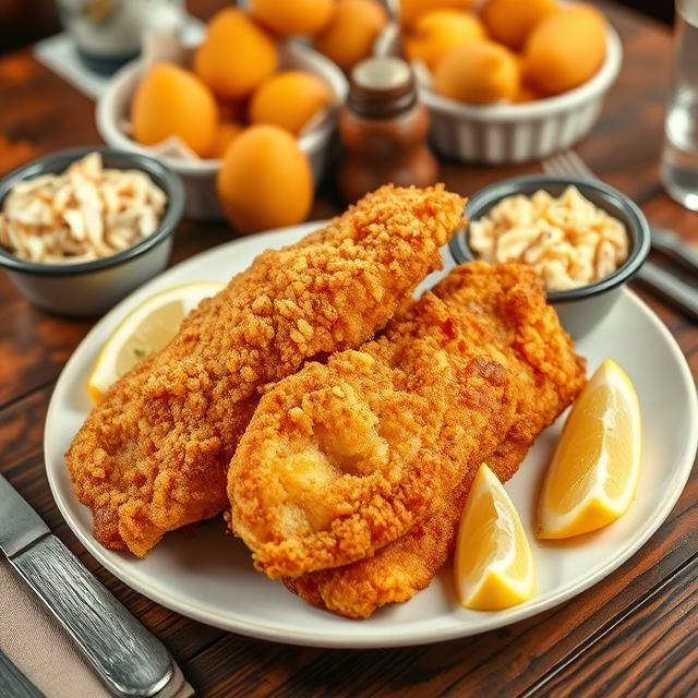 Fried fish fillets with sides