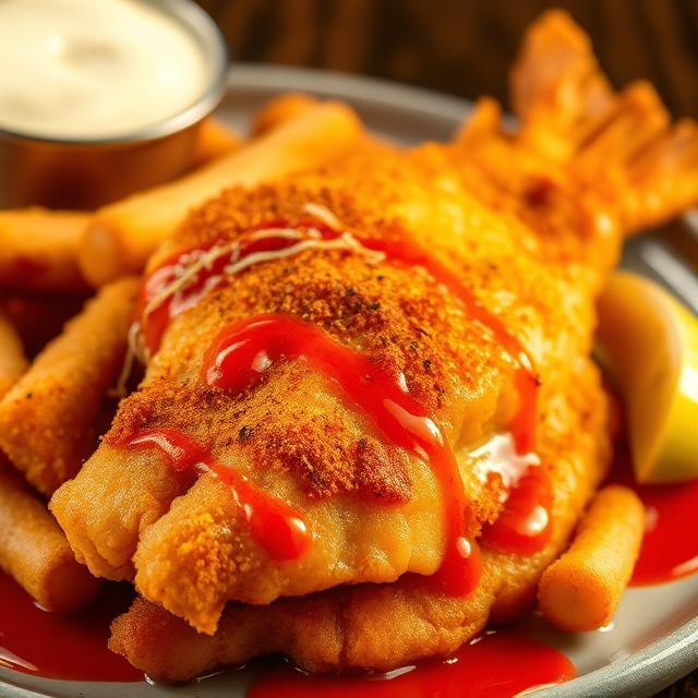 Fried fish with fries and ketchup