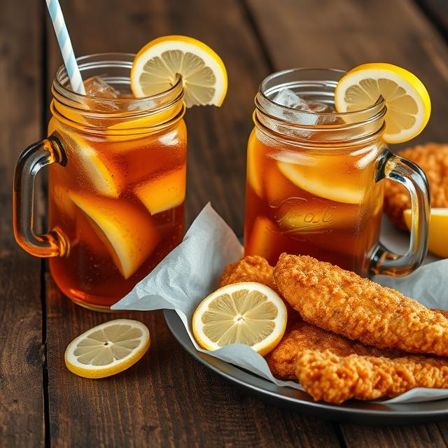 Iced tea with lemon and fried fish