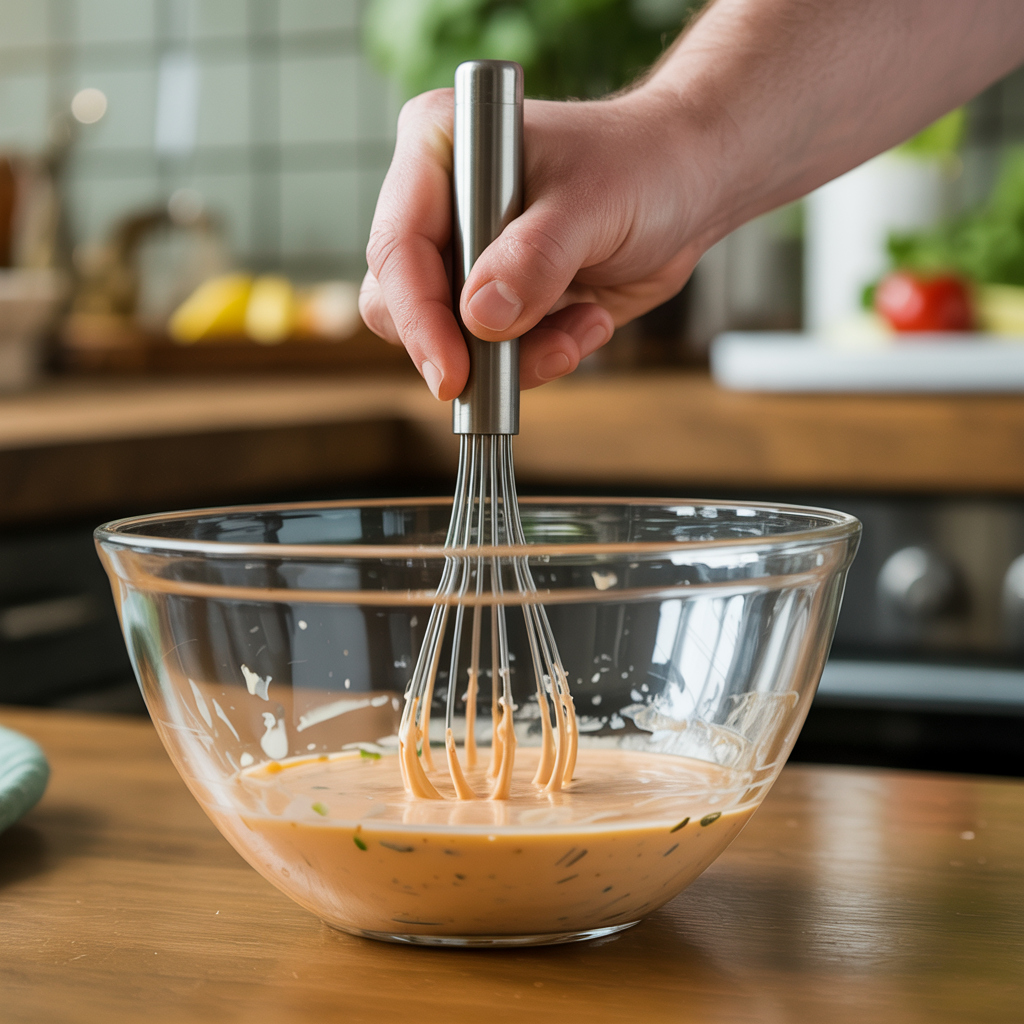 Hand whisking Thousand Island dressing in a glass mixing bowl with a stainless whisk