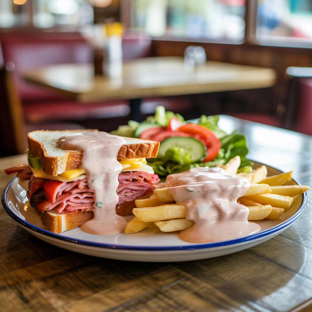 Thousand Island dressing drizzled over a Reuben sandwich, fries, and crisp salad