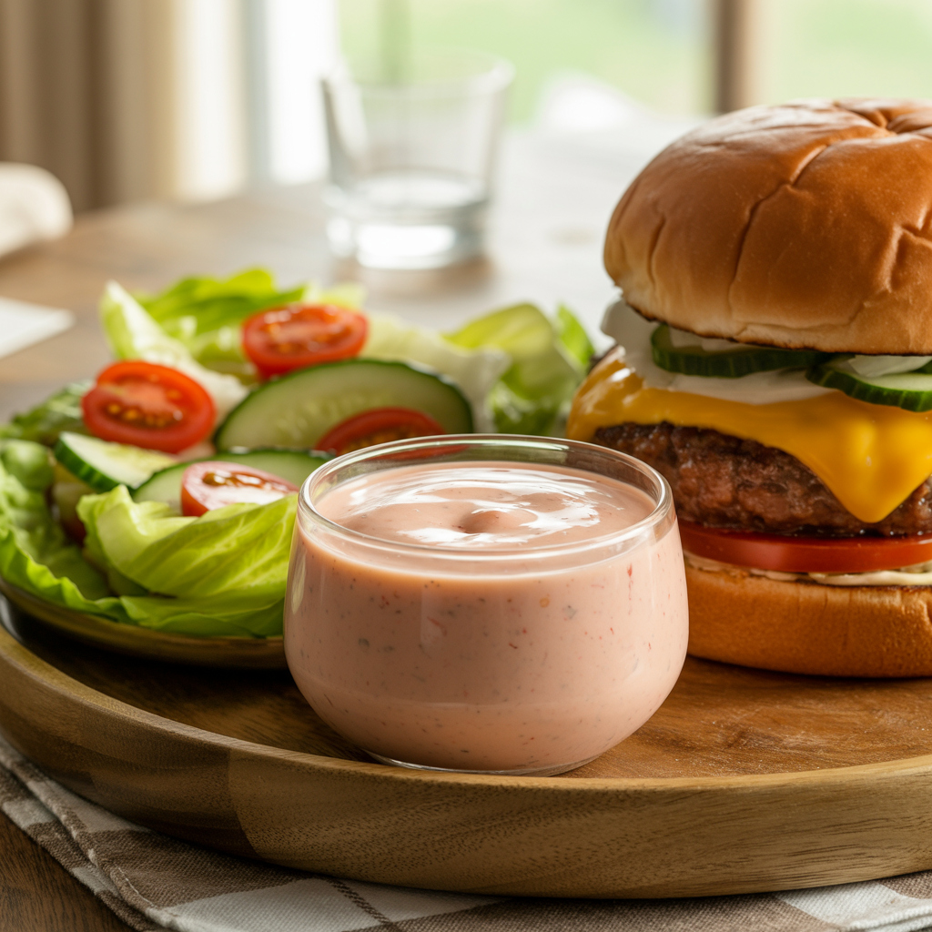 Small serving cup of Pink Thousand Island dressing beside fresh salad and burger