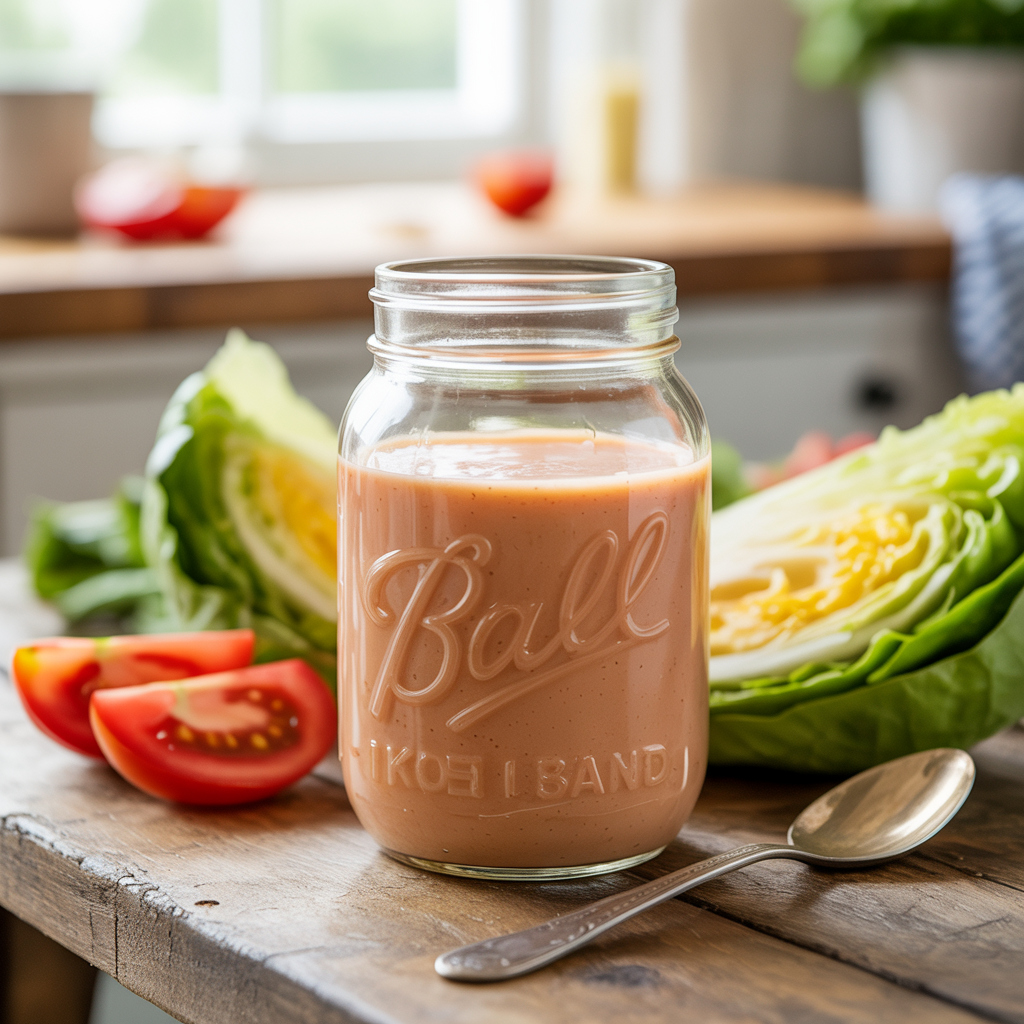 Homemade Thousand Island dressing served in mason jar with spoon beside lettuce and tomatoes