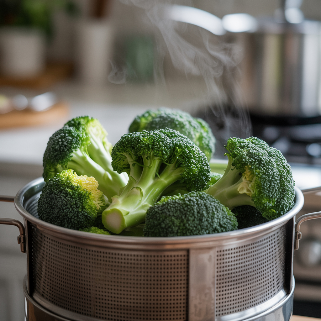 Perfectly steamed broccoli florets in a steamer basket, bright green and tender-crisp