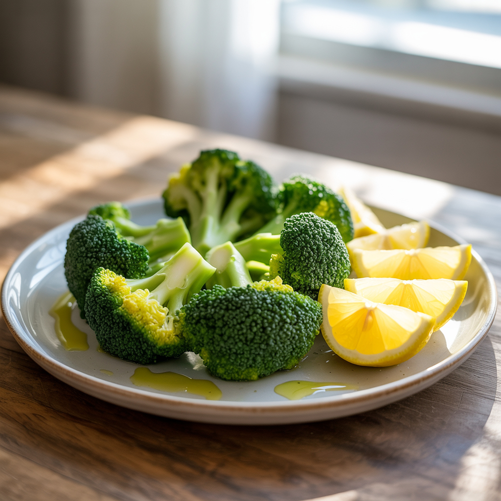 Vibrant green steamed broccoli served with lemon wedges and olive oil drizzle.