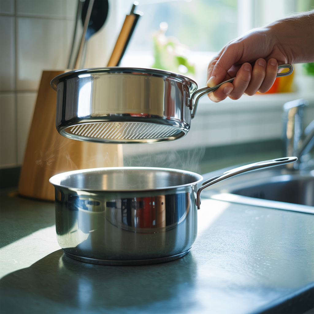 Saucepan filled with water and a metal steamer basket placed above it