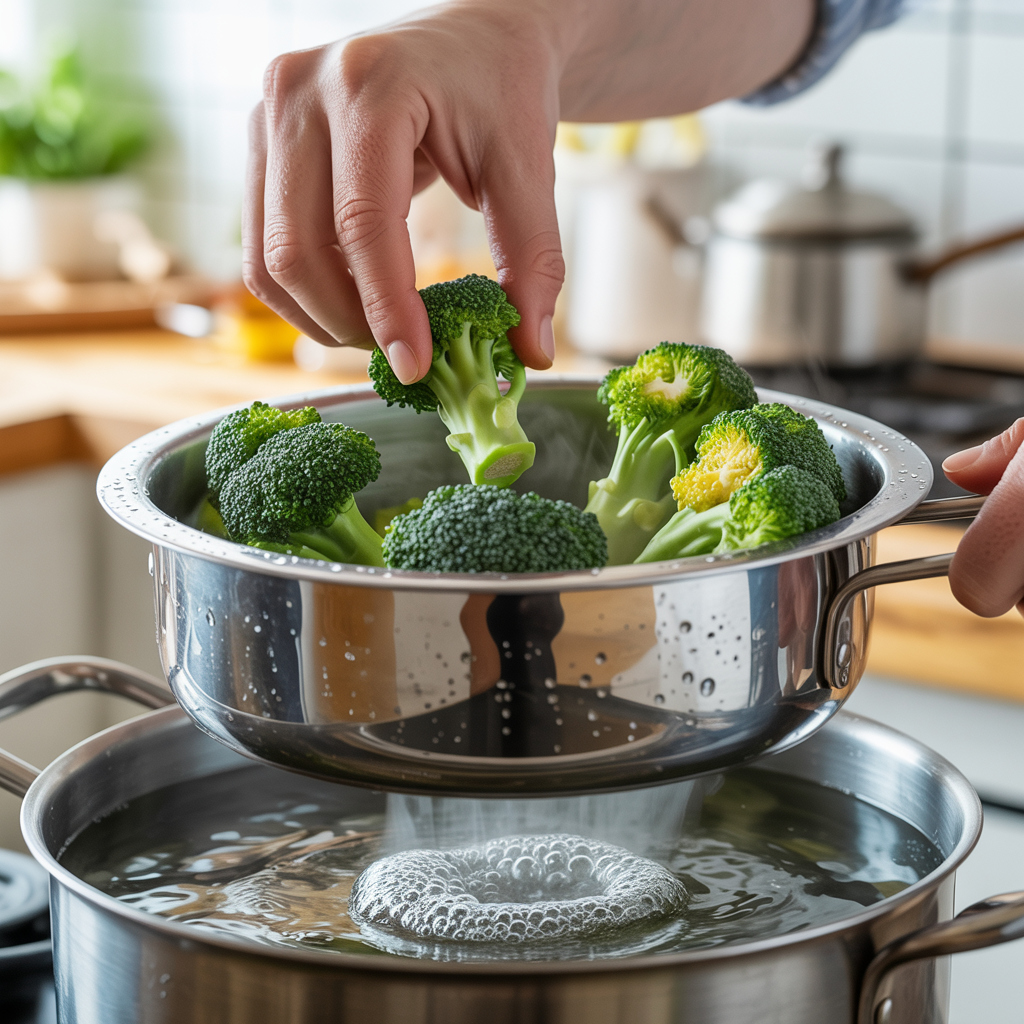 Fresh broccoli florets being placed into a steaming basket above boiling water.