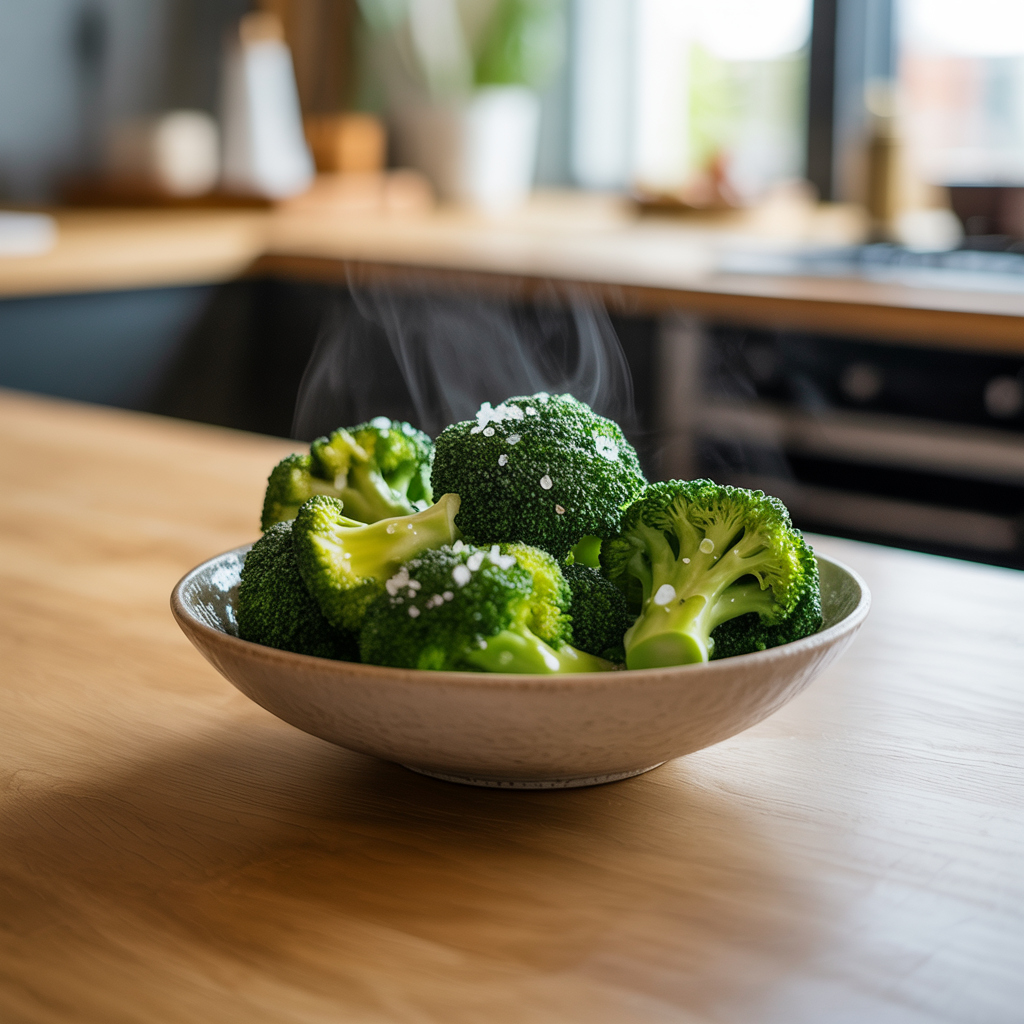 Freshly steamed broccoli served in a bowl with olive oil and sea salt.