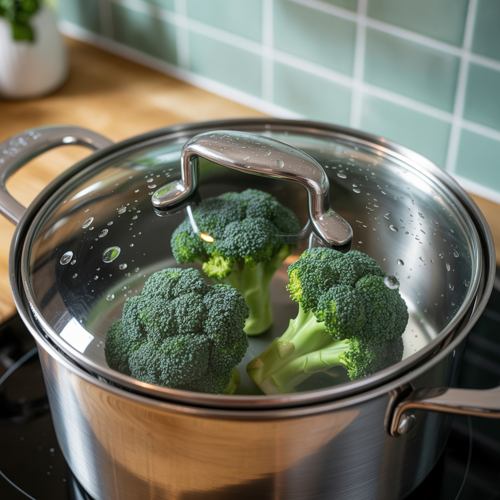 Broccoli steaming under a glass lid with visible condensation.
