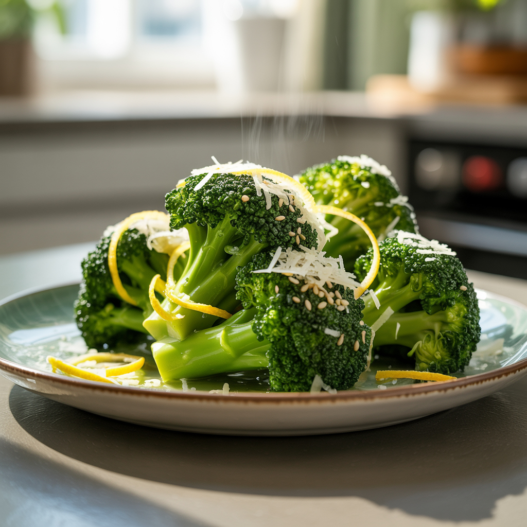 Steamed broccoli topped with sesame seeds, lemon zest, and grated Parmesan.