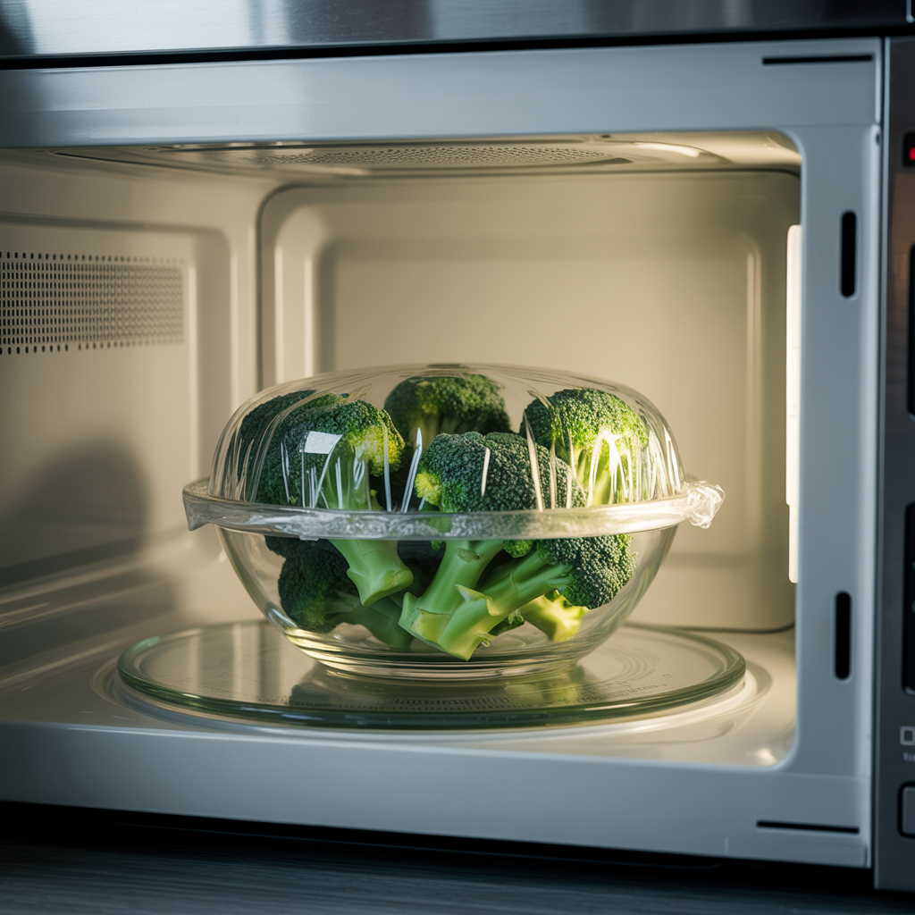 Broccoli in a glass bowl covered with plastic wrap inside a microwave oven