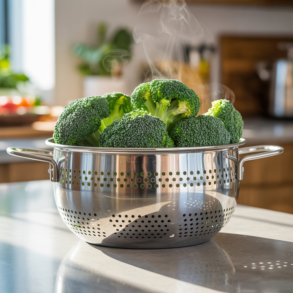 Close-up of a stainless steel steamer basket holding bright green broccoli