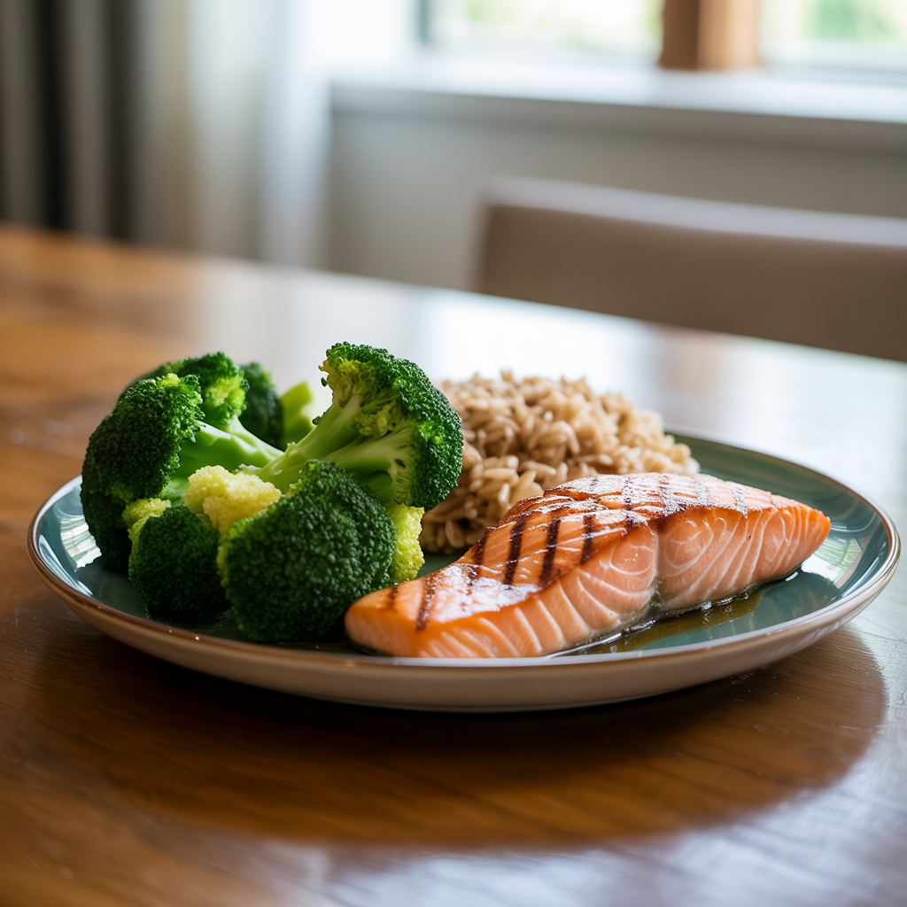 Steamed broccoli served alongside grilled salmon and brown rice