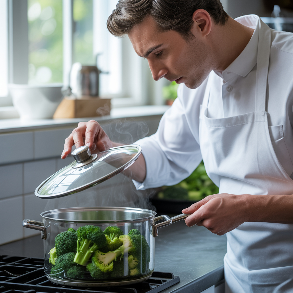 Chef checking steamed broccoli color and texture in a glass-lid pot.
