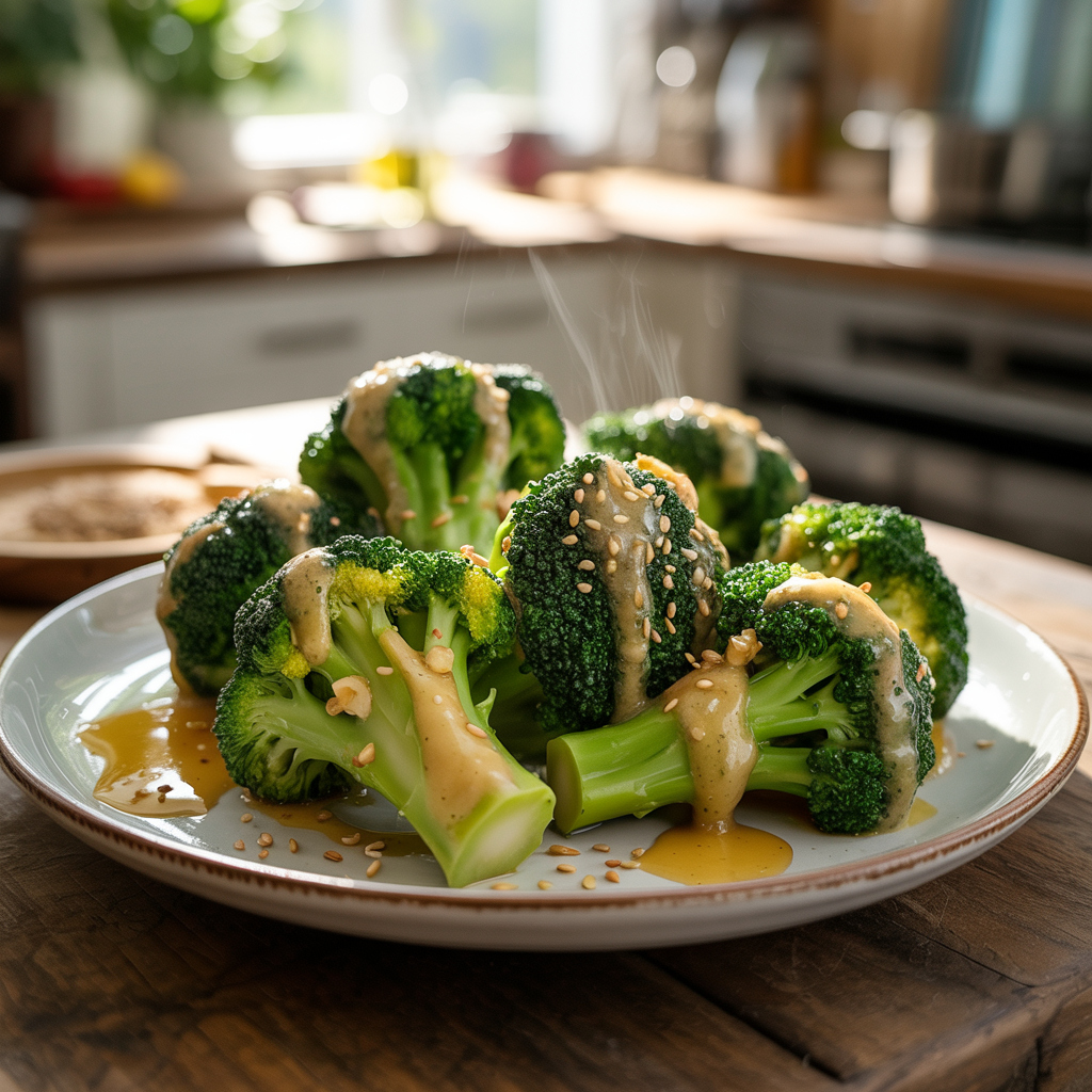 Steamed broccoli drizzled with garlic butter and sprinkled with sesame seeds.