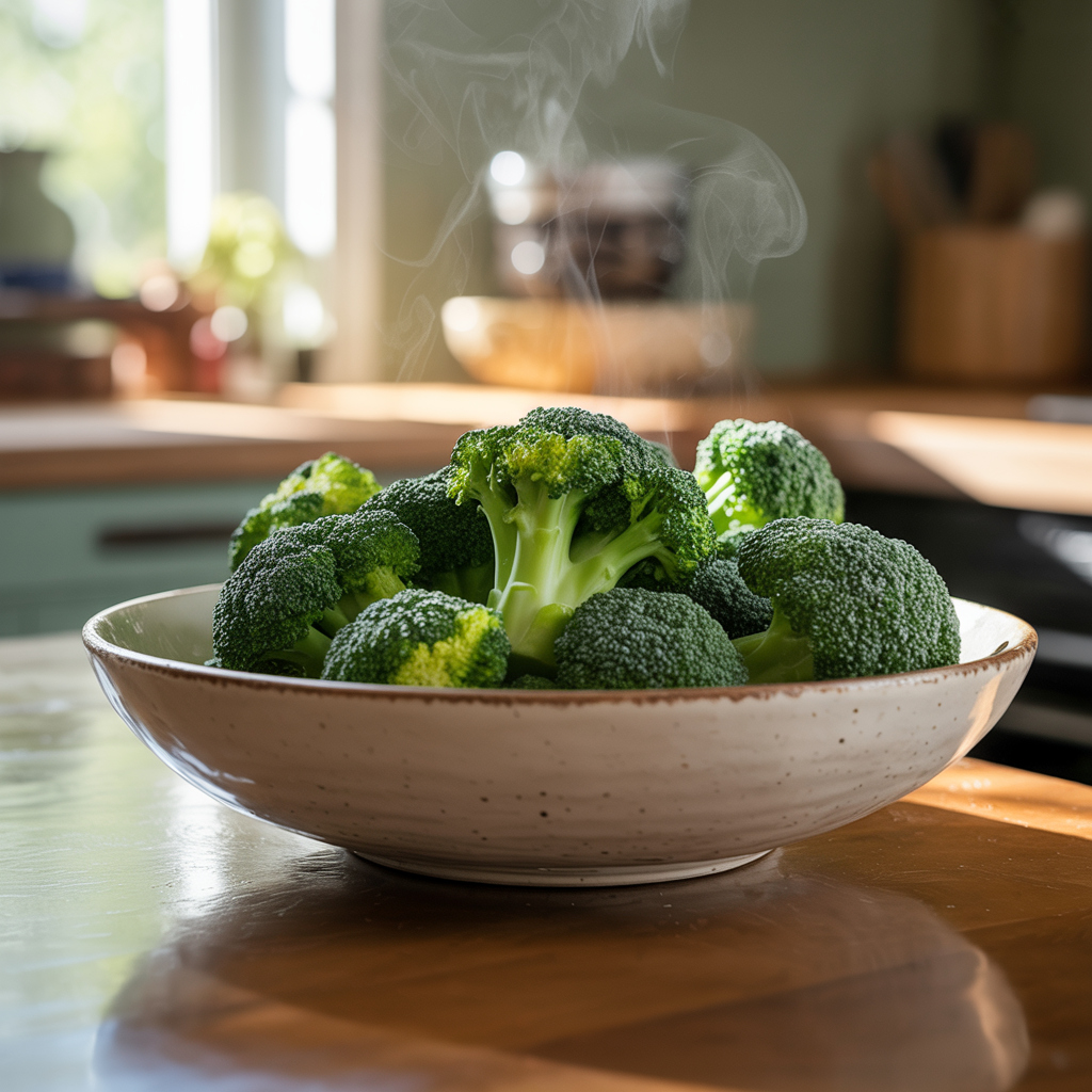 Bowl of perfectly steamed broccoli with steam rising, ready to serve