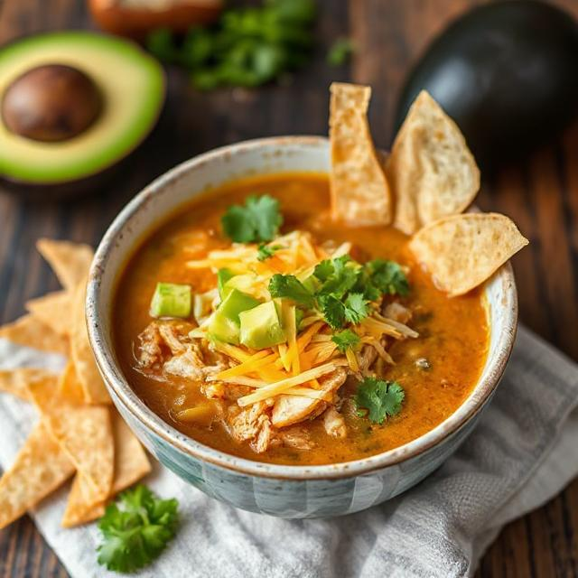 Bowl of Chicken Tortilla Soup garnished with avocado, cheese, cilantro, and fried tortilla strips.