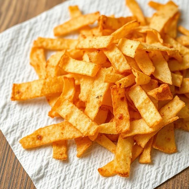 Fried tortilla strips on paper towel.