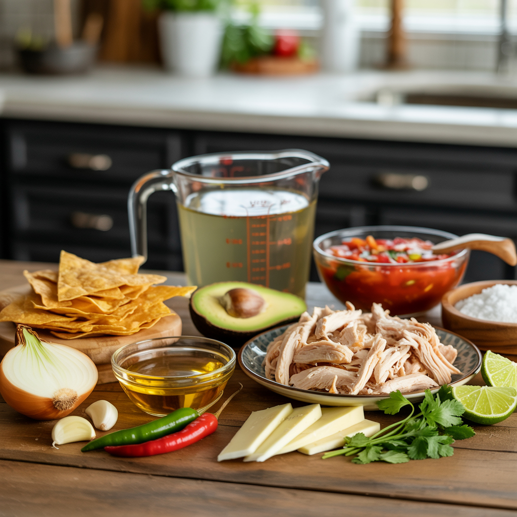 Ingredients for chicken tortilla soup - Crispy fried corn tortilla strips, Oil, Onion, Garlic, Chilies, Chicken broth or stock, Fire-roasted tomatoes, crushed, Kosher or sea salt, Shredded cooked chicken, Avocado, Monterey Jack or mild cheddar, Fresh cilantro, Lime