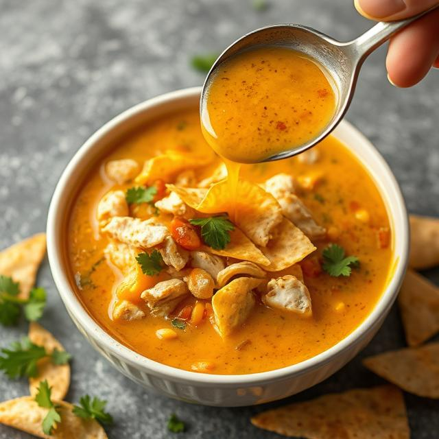Pouring chicken tortilla soup into bowls.
