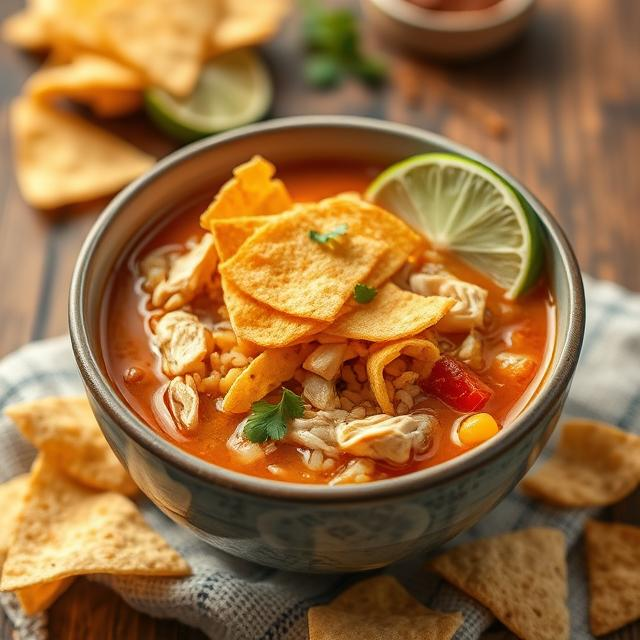Chicken tortilla soup with rice and lime - Crispy fried corn tortilla strips on top