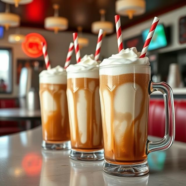 Classic American diner counter with tall frosted mugs of root beer floats served with striped straws.