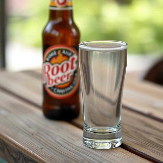 A chilled totally empty long glass on a wooden table beside a root beer chilled bottle