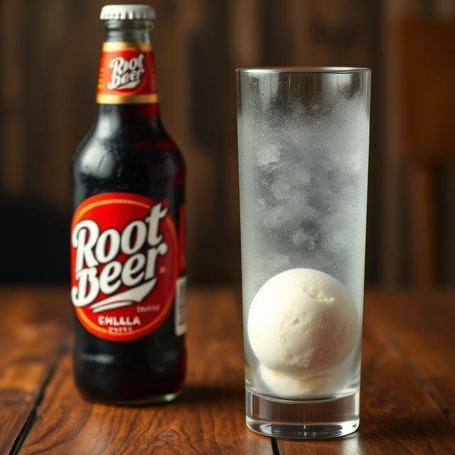A chilled totally empty long glass on a wooden table beside a root beer chilled bottle - Add the scoop of vanilla ice cream to the bottom of the frosted glass.