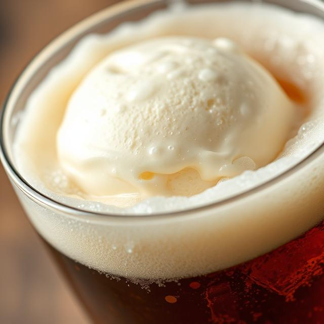 Close-up of fizzy root beer foam forming around melting vanilla ice cream in a glass.