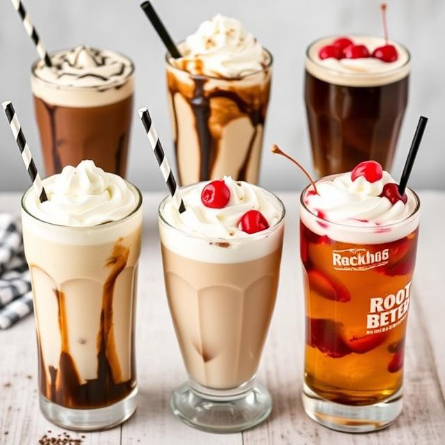 Assortment of root beer floats made with chocolate, coffee, classic vanilla, and adult versions garnished with cherries and whipped cream.