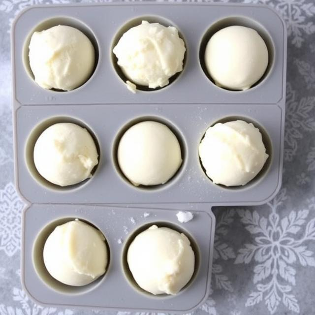 Pre-scooped vanilla ice cream balls frozen in silicone molds, ready to drop into frosted glasses.