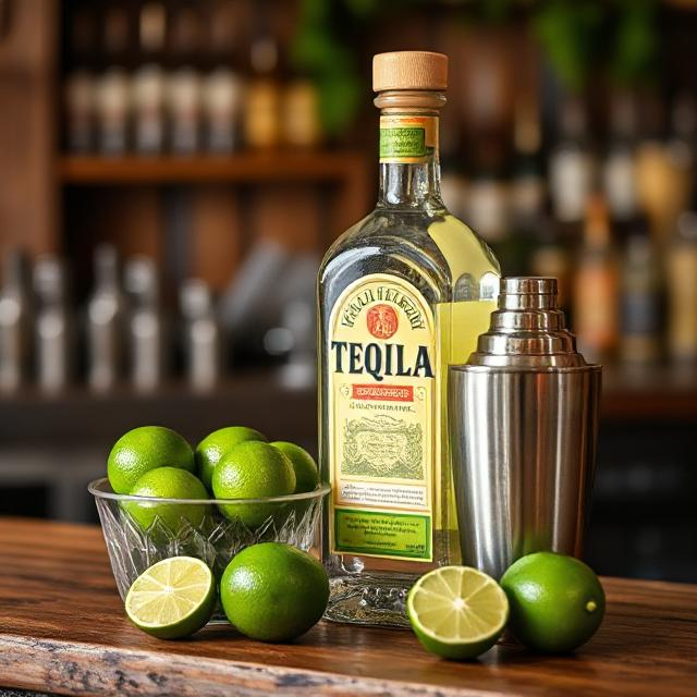 Tequila bottle, fresh limes, and a cocktail shaker arranged on a rustic bar