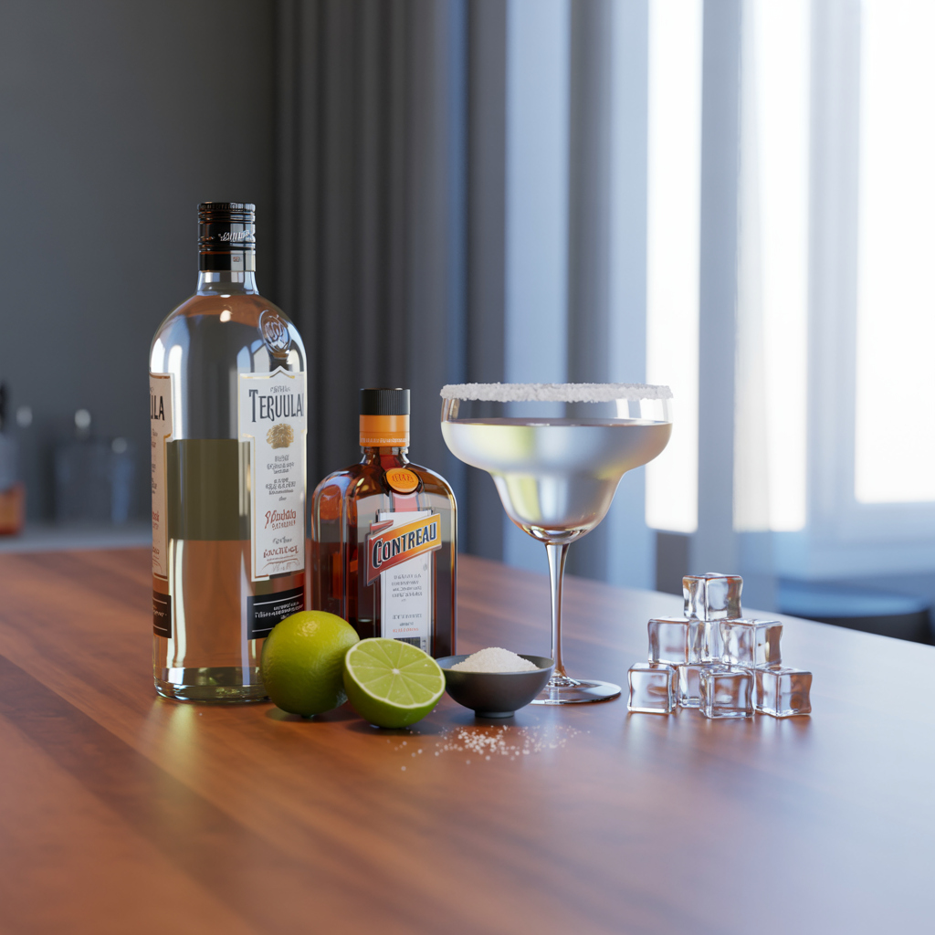 Margarita ingredients including tequila, lime juice, Cointreau, salt, and ice