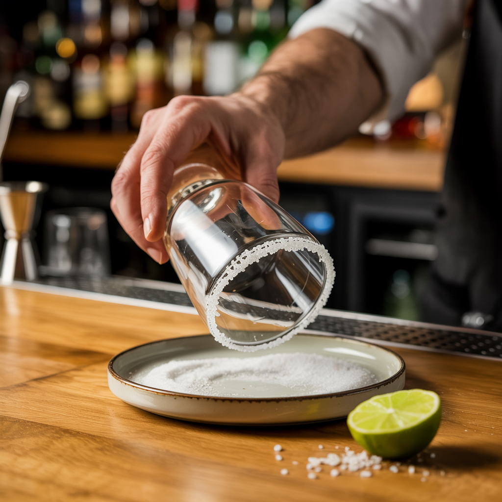1st step of making Classic Margarita cocktail - around the glass rim dipping it in salt