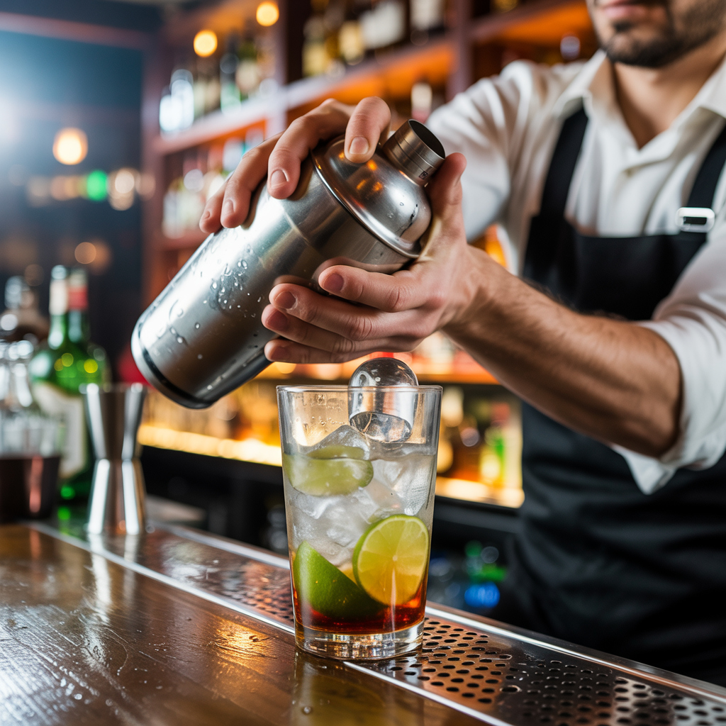 Bartender shaking Margarita ingredients with ice in a cocktail shake