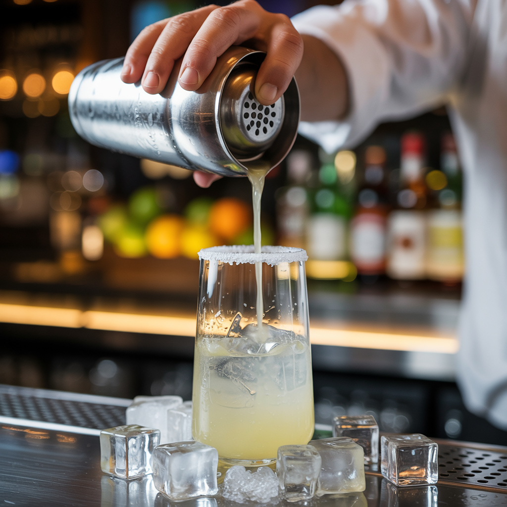 Pouring chilled Margarita into a salt-rimmed glass over ice.