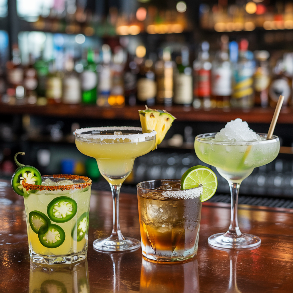 Assorted Margarita variations — spicy jalapeño, pineapple, mezcal, and frozen styles