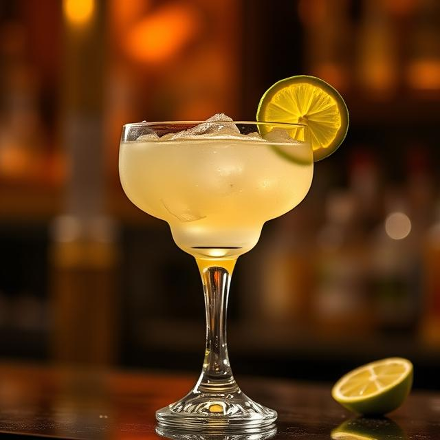 Classic Margarita cocktail glowing in warm light with lime garnish.