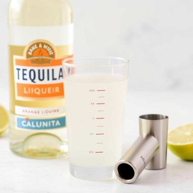 Tequila, orange liqueur, and lime juice measured in cocktail jiggers for Margarita ratio.