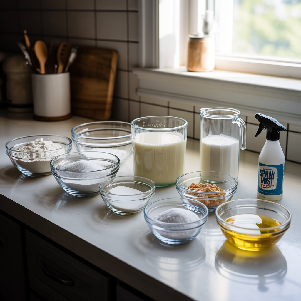 Ingredients for butter swim biscuits -  flour, Sugar, buttermilk, baking powder, baking soda, Kosher salt, Spray mist and butter - every item in separate bowl