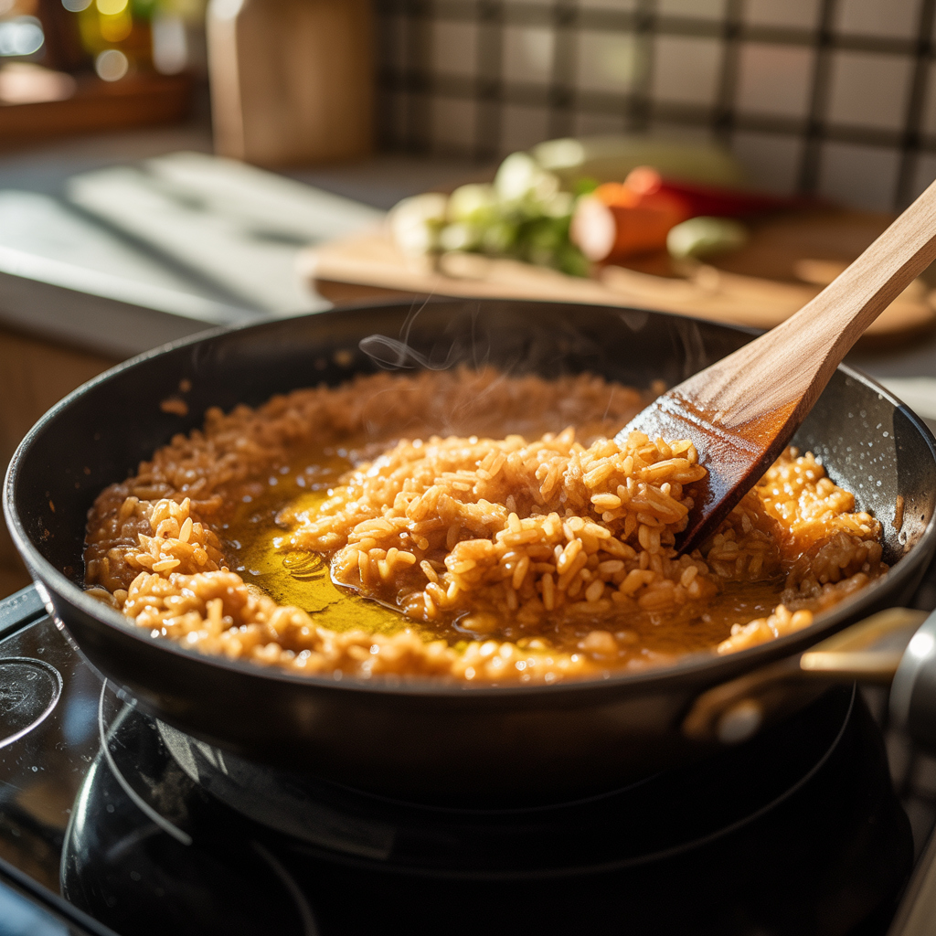 Close-up of Spanish rice cooking in a pan, rice grains turning golden while toasting in oil.
