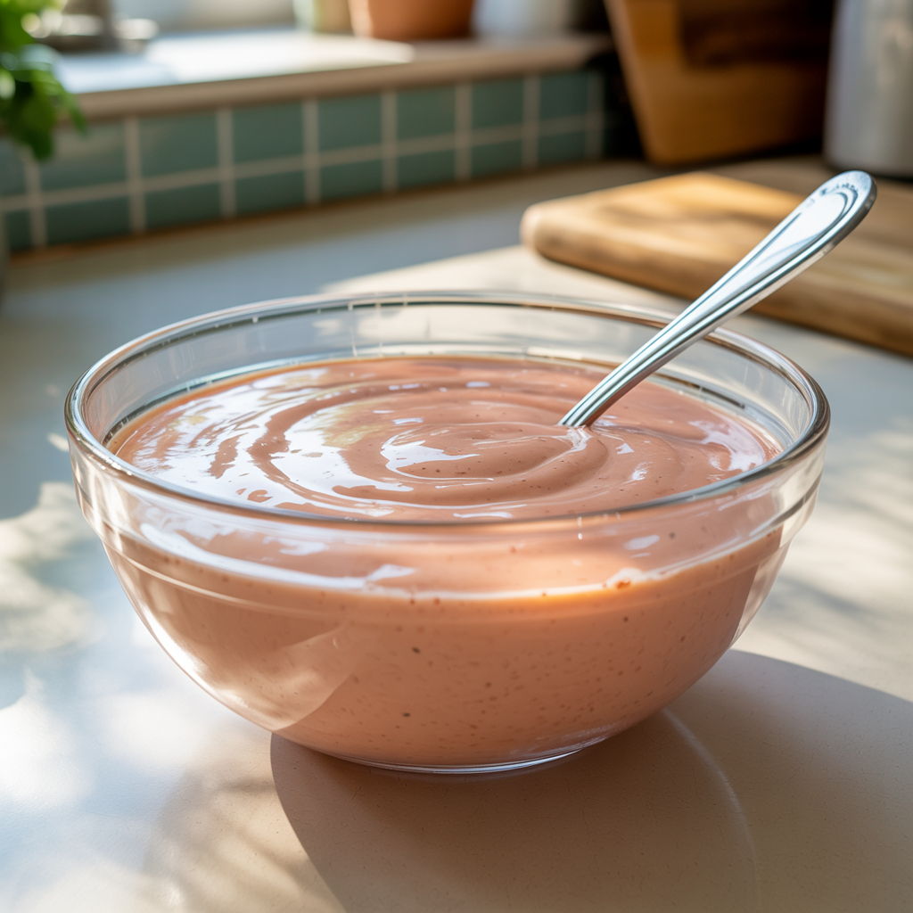 Homemade Thousand Island dressing in a glass bowl with spoon, creamy pink color and smooth texture”